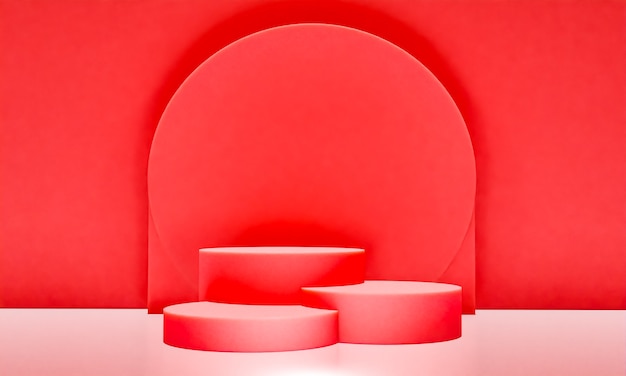 Scene with red color podium for mock up presentation in minimalism style with copy space, 3d render abstract background design