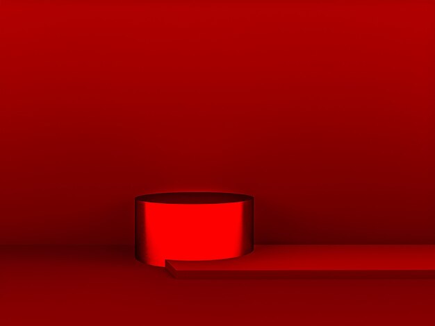 Scena con podio di colore rosso per simulazione di presentazione in stile minimalista con spazio di copia, rendering 3d sfondo astratto