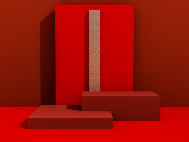 Foto scena con podio di colore rosso per simulazione di presentazione in stile minimalista con spazio di copia, rendering 3d sfondo astratto