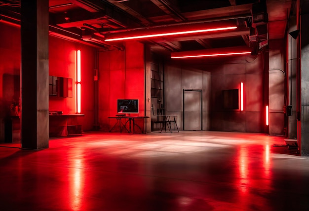 A scene with red lighting and concrete floors