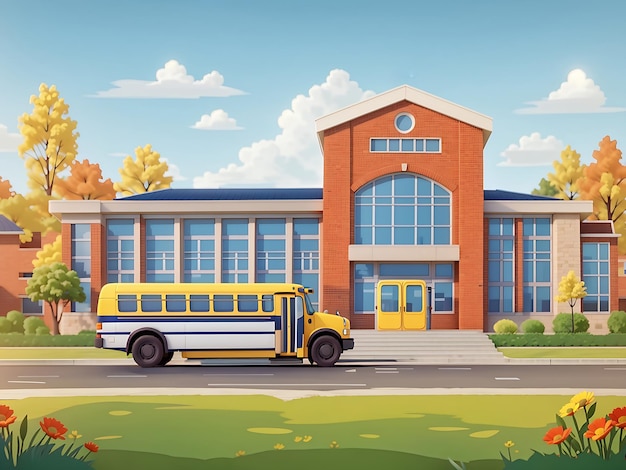 학교 건물과 버스 벡터 일러스트가 있는 장면