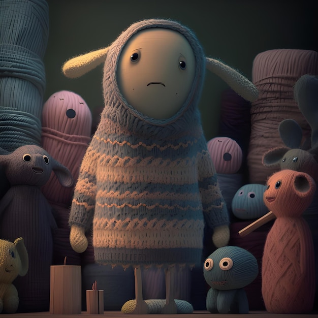 A scene with a sheep and a man in a room with a group of toys.