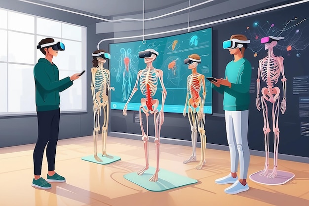 a scene with students using VR simulations to explore the human nervous system vector illustration in flat style