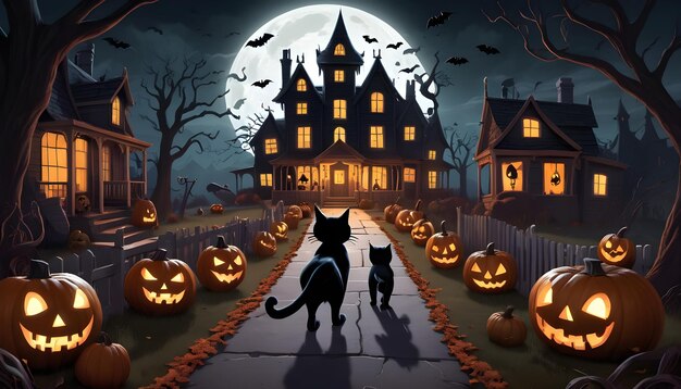 a scene with trick or treaters crossing paths with a mysterious black cat