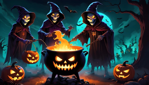 a scene with trick or treaters encountering a glowing cauldron in the dark