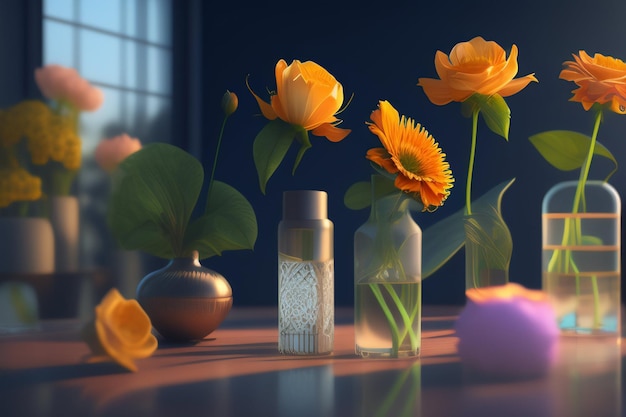 A scene with a vase of flowers and a bottle of perfume.