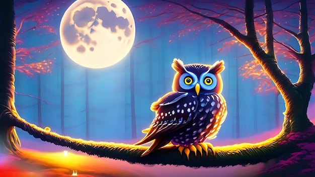 A scene with a wiselooking owl sitting on a branch in a moonlit forest