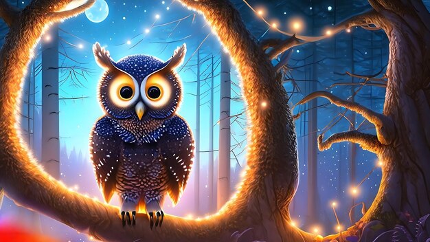 Photo a scene with a wiselooking owl sitting on a branch in a moonlit forest