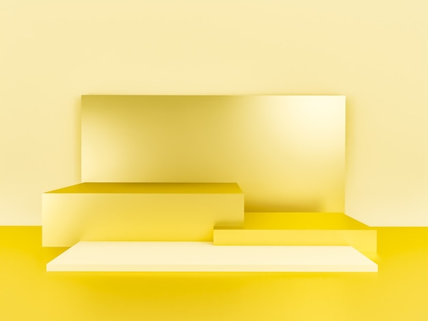 사진 복사 공간이 있는 미니멀리즘 스타일의 모의 프레젠테이션을 위한 노란색 연단이 있는 장면, 3d 렌더링 추상 배경 디자인