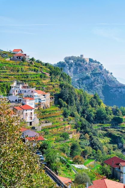 Agerola 마을, 티레니아 해, 아말피 해안, 이탈리아의 풍경