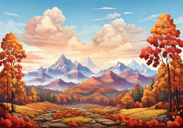 scenery autumn forest with mountain and sky illustration