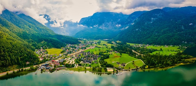 Scenery of beautiful Austria village Obertraun Lake Hallstatt in Salzkammergut Landscape of Austrian Alps with traditional alpine houses