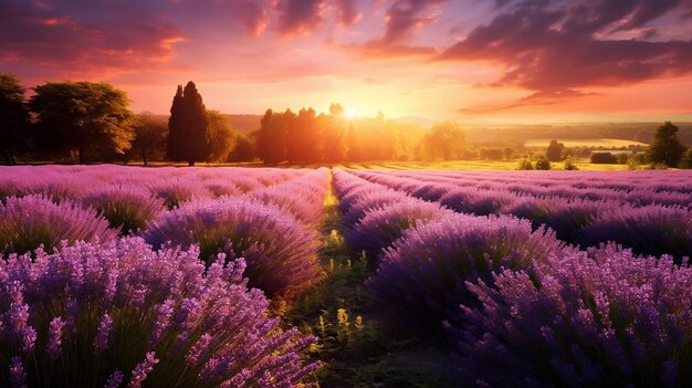 Scenery beautiful nature field of lavender with the sun setting behind it generative ai