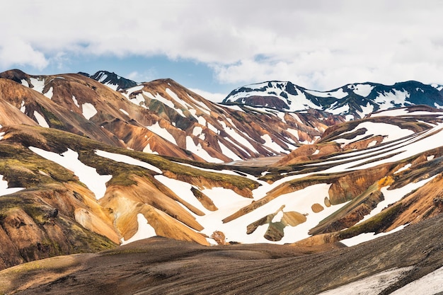 Landmannalaugar 아이슬란드의 아이슬란드 고원에 있는 Fjallabak 자연 보호 구역에서 화산 산과 눈으로 덮인 Blahnjukur 트레일의 풍경