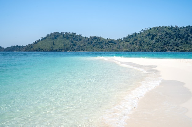 The scenery, the blue sea, the beautiful water, the beautiful white beach. Location Tarutao Island, La-ngu District, Satun Province, Thailand