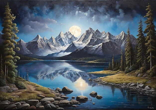 Photo scenery forest with mountains lake and sky with moon illustration