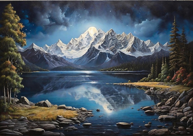 Photo scenery forest with mountains lake and sky with moon illustration