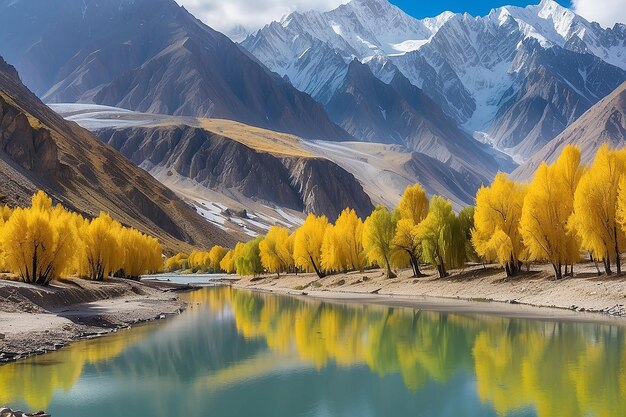 Photo scenery of green and yellow trees with snow covered mountains reflection ongizer riveron the way in gakuch