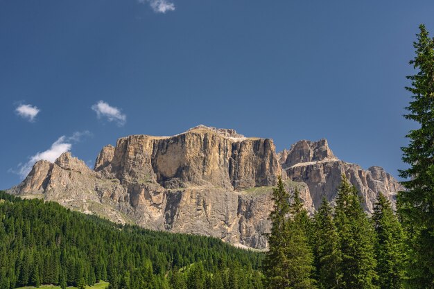 Photo scenery landscape with high rocky mountain and green forest