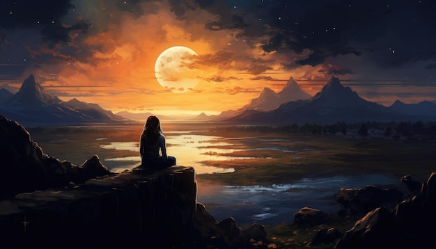 Scenery of lonely woman looking at another earthillustration painting