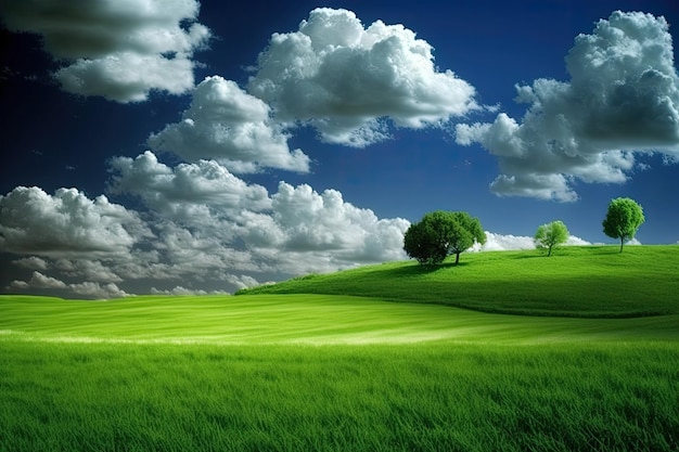 Scenery of lush green grass set against a blue sky and white clouds