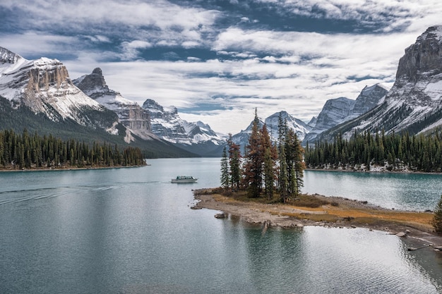 Scenery of Spirit Island with ferry cruising on Maligne Lake at Jasper national park Canada