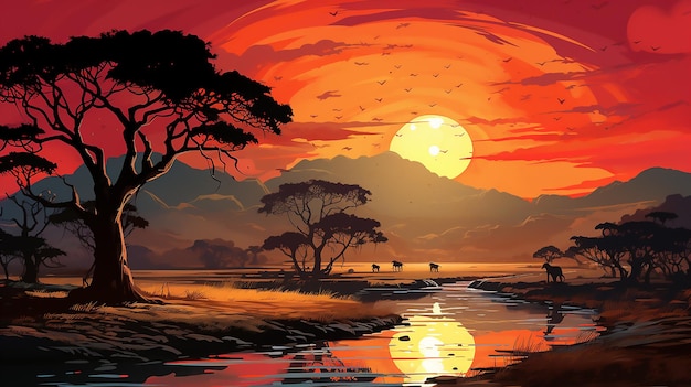 背景の丘の上にアカシアの木がある、アフリカの地平線に沈む夕日の風景