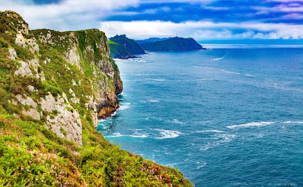 Scenery sunset landscape cliff and rocks.Cantabria.Spain.Wild road nature.