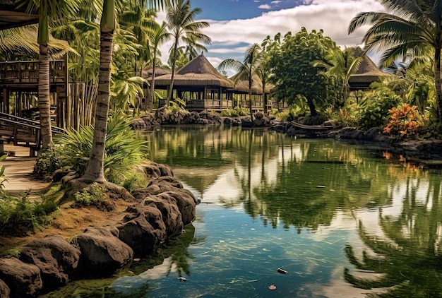 the scenery of a tropical resort at the shore of a lake in the style of high dynamic range