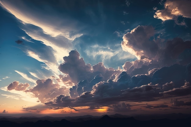 Пейзаж с облачным небом и закатом, созданный с использованием генеративной технологии искусственного интеллекта