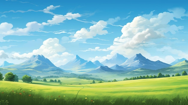 scenery with green field and mountain in a day with blue sky and white cloud generative AI