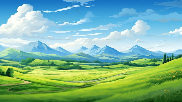 scenery with green field and mountain in a day with blue sky and white cloud generative AI