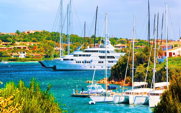 Scenario con marina e yacht di lusso nel mar mediterraneo di porto cervo in sardegna isola d'italia in estate. vista panoramica sul porto della città sarda con navi e barche in sardegna. tecnica mista.