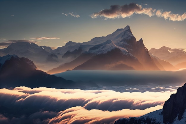 Scenery with mountains cloud and sky created using generative ai technology