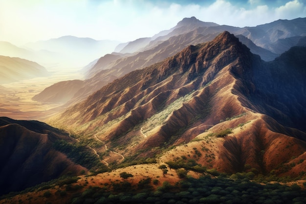 Пейзаж с горным лесом и небом с облаками, созданный с использованием генеративной технологии искусственного интеллекта