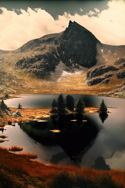 Пейзаж с горной рекой и небом с облаками, созданный с использованием генеративной технологии искусственного интеллекта