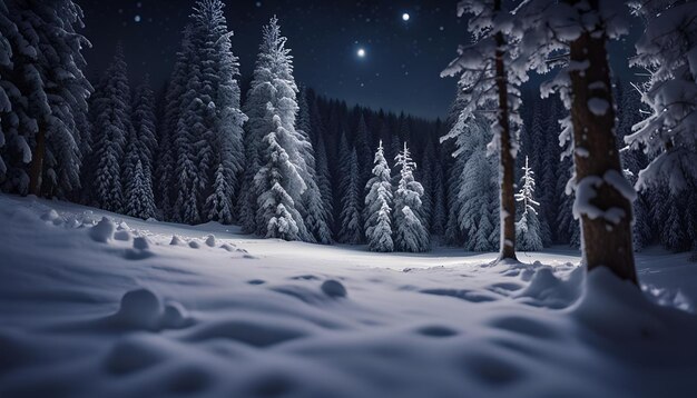 Photo scenery with snow covered glade among fir forest at night