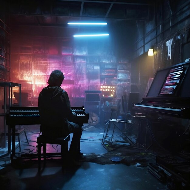 Scenes of an artist performing the music in a dark enviroment