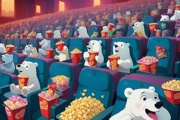 За кулисами медвежьего кино веселые белые медведи наслаждаются комедией с жевательной медвежью в современном кинотеатре