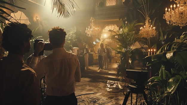 Photo behind the scenes of a music video shoot a cameraman is filming a band performing in a tropical setting