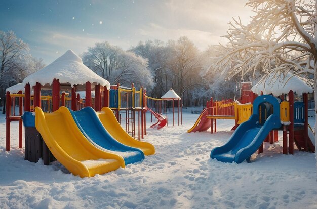 Scènes op speeltuinen in de sneeuw