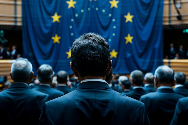 Foto dietro le quinte politici invisibili al parlamento europeo davanti alla bandiera dell'unione europea