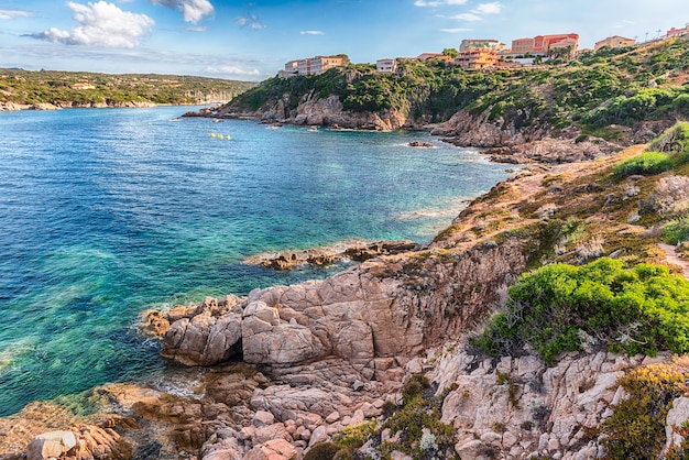 Scenic aerial view over the coast of Santa Teresa Gallura, located on the northern tip of Sardinia, on the Strait of Bonifacio, in the province of Sassari, Italy