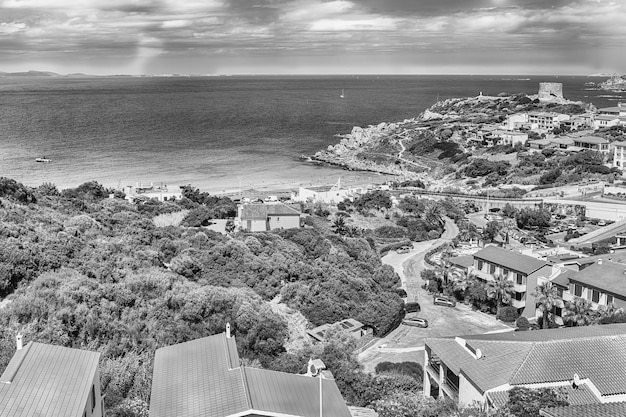 Scenic aerial view over the town of Santa Teresa Gallura, located on the northern tip of Sardinia, on the Strait of Bonifacio, in the province of Sassari, Italy