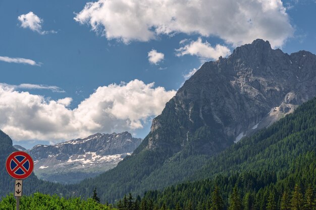 Alpi panoramiche con alte montagne rocciose e foreste