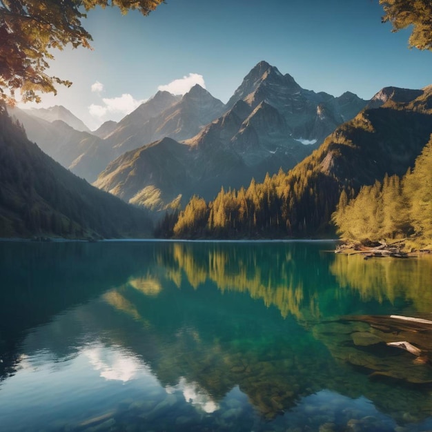 Живописное изображение реки, текущей через лес с деревьями и горами.