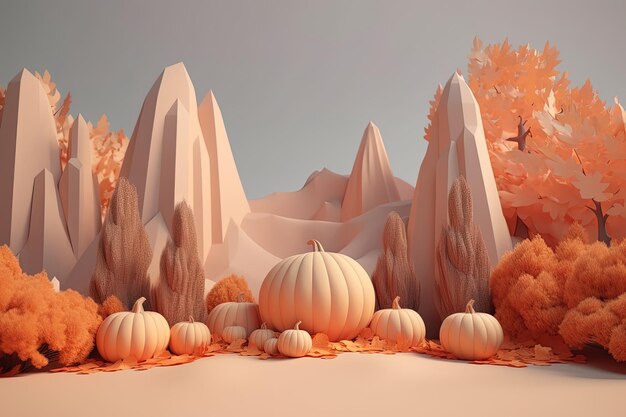 Scenic autumn landscape with pumpkins trees and mountains Generative AI