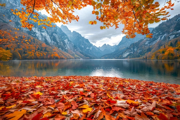 Scenic Autumn Landscape with Vibrant Foliage Reflecting in Calm Mountain Lake