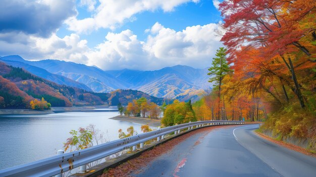 Photo scenic autumn mountain road along a lake