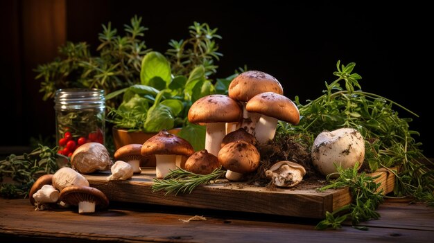 Сценический фон для фотографии еды Массив лесных грибов, включая Boletus edulis king bol